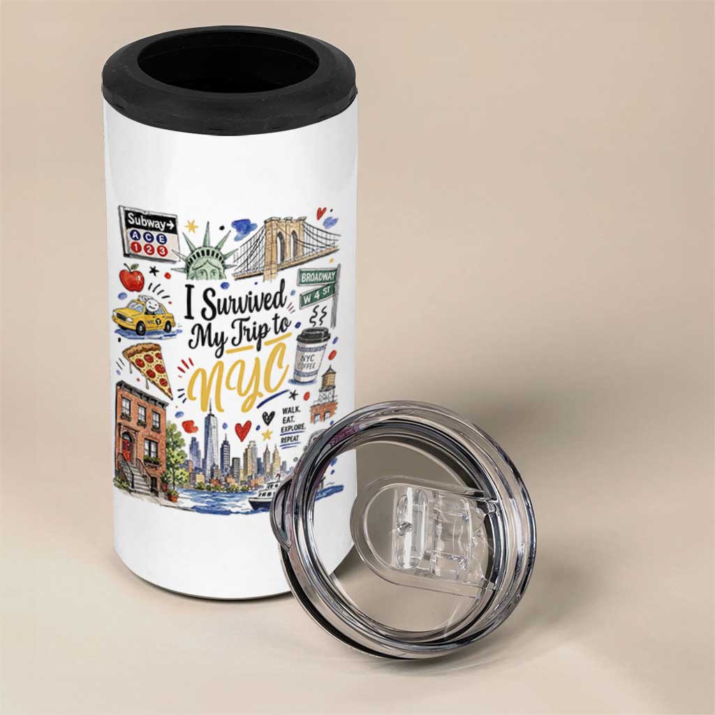 I Survived My Trip To NYC Iconic Symbols Graphic 4 in 1 Can Cooler Tumbler Funny New York City Travel Humor Vacation Souvernir