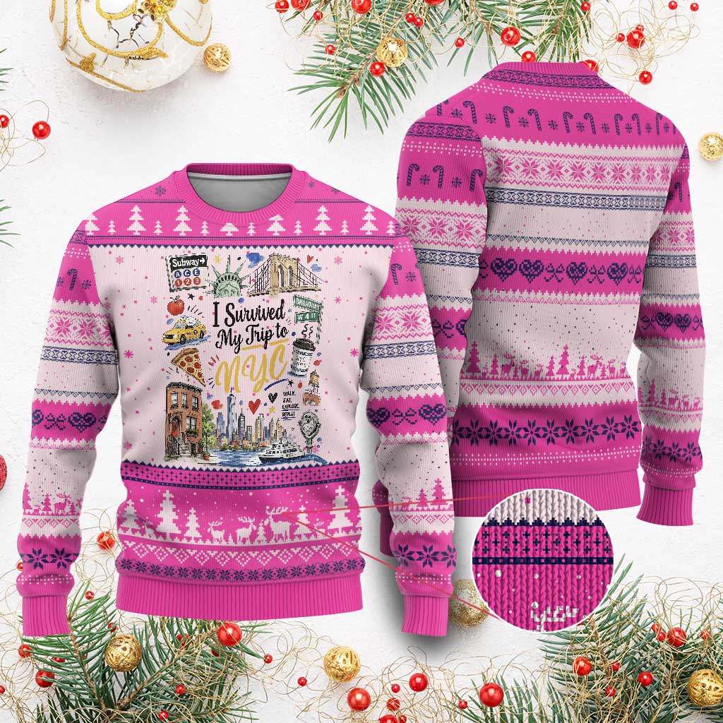 I Survived My Trip To NYC Iconic Symbols Graphic Ugly Christmas Sweater Funny New York City Travel Humor Vacation Souvernir