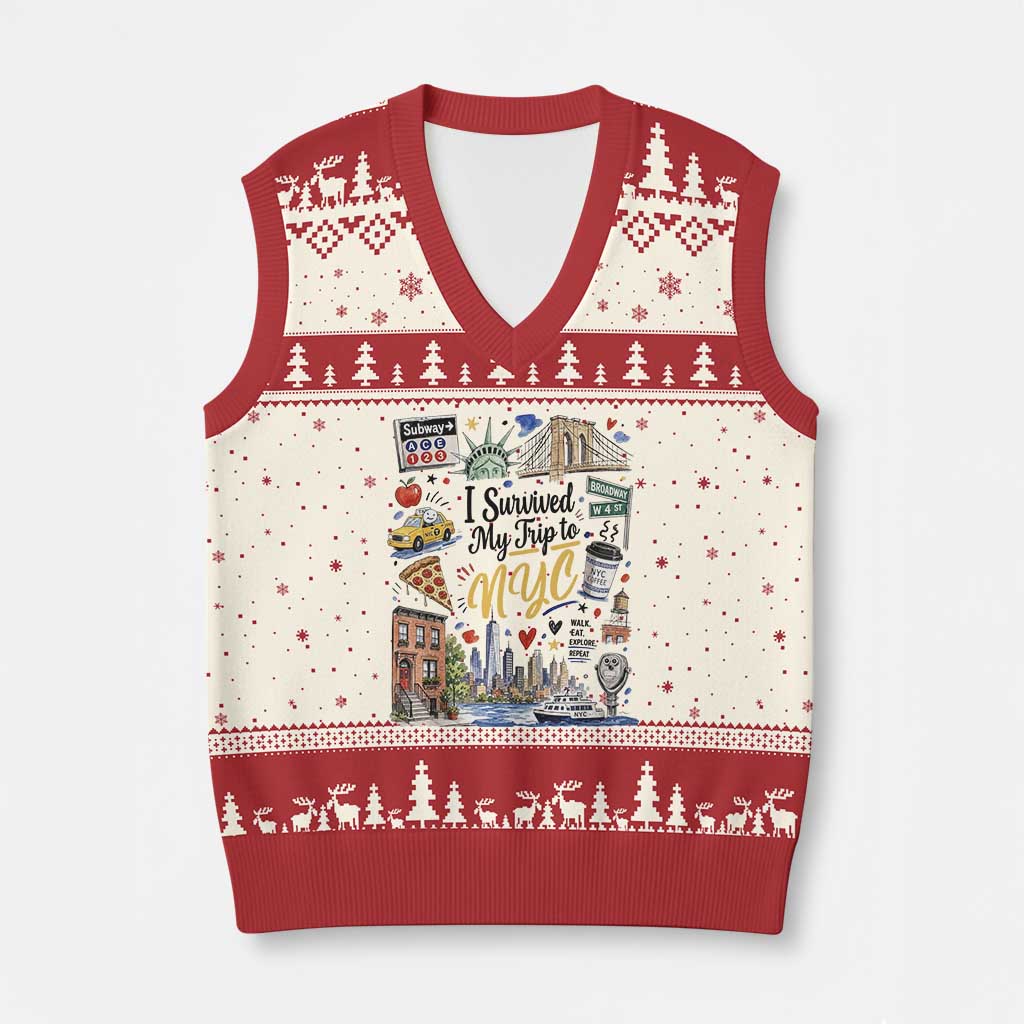 I Survived My Trip To NYC Iconic Symbols Graphic V-Neck Knit Sweater Vest Funny New York City Travel Humor Vacation Souvernir
