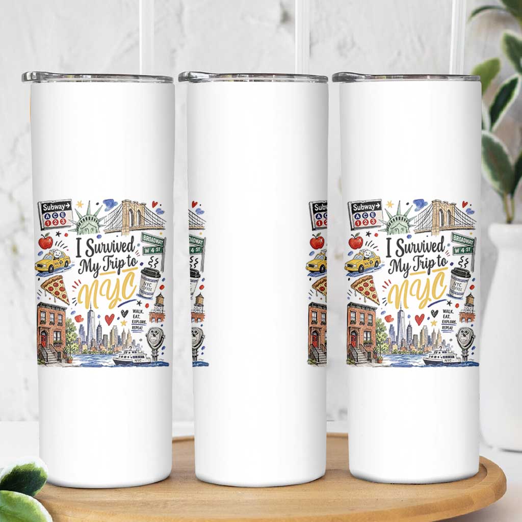 I Survived My Trip To NYC Iconic Symbols Graphic Skinny Tumbler Funny New York City Travel Humor Vacation Souvernir
