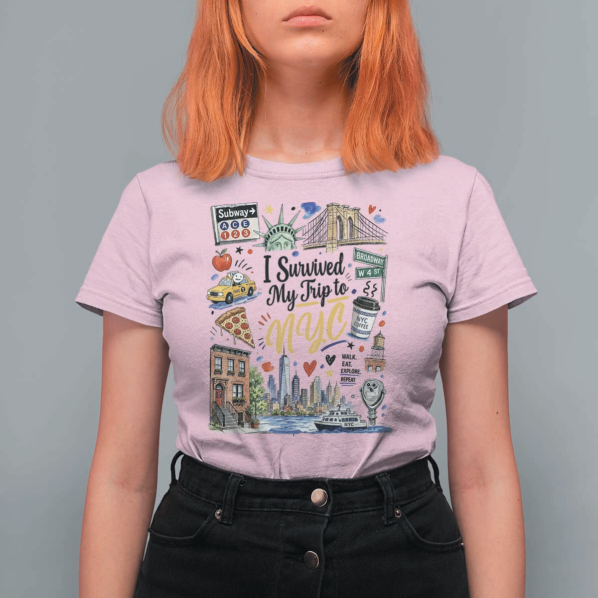 I Survived My Trip To NYC Iconic Symbols Graphic T Shirt For Women Funny New York City Travel Humor Vacation Souvernir