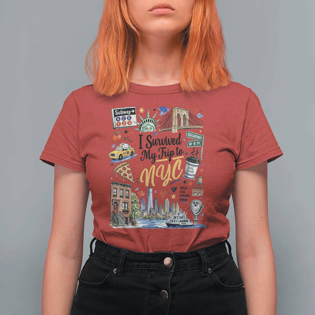 I Survived My Trip To NYC Iconic Symbols Graphic T Shirt For Women Funny New York City Travel Humor Vacation Souvernir