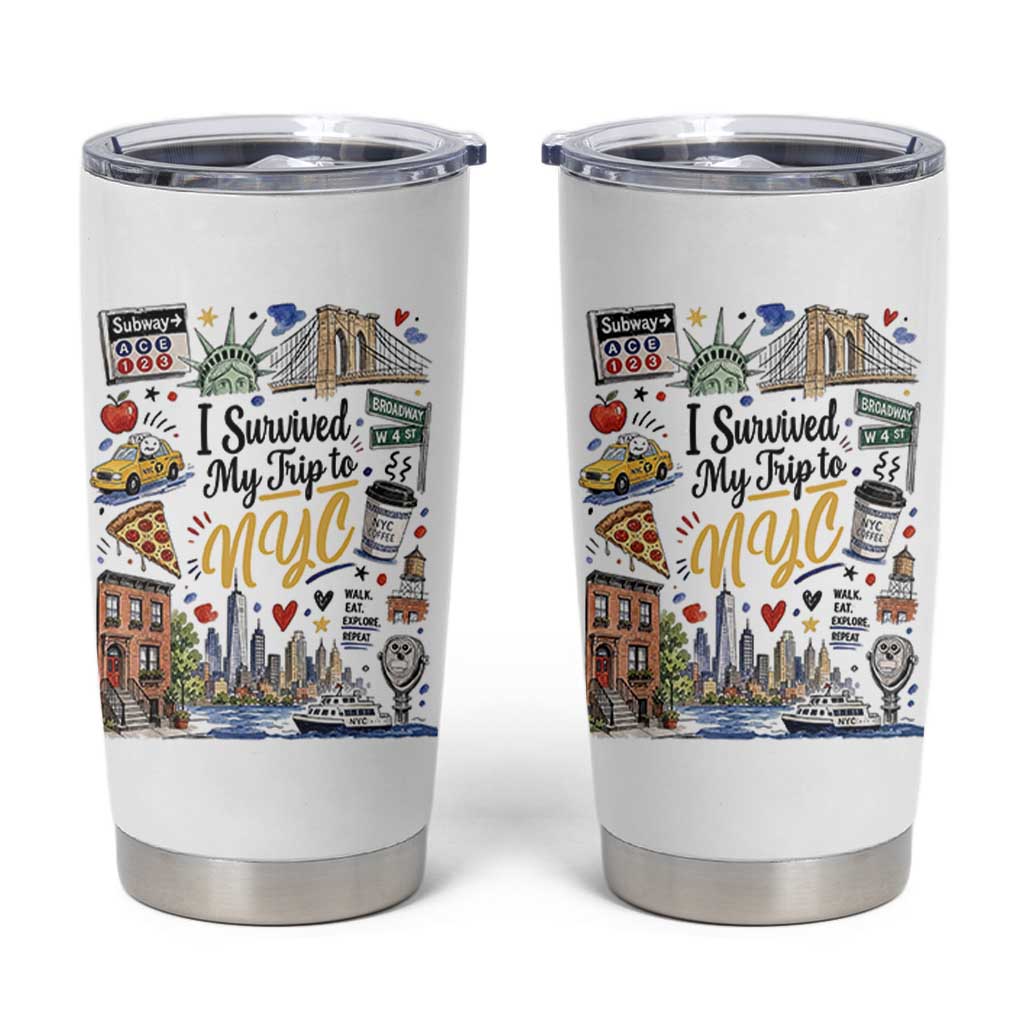 I Survived My Trip To NYC Iconic Symbols Graphic Tumbler Cup Funny New York City Travel Humor Vacation Souvernir