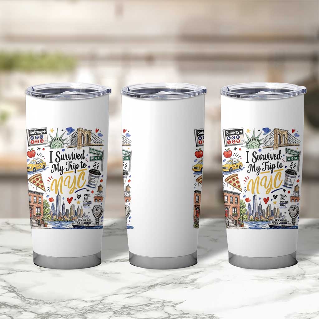 I Survived My Trip To NYC Iconic Symbols Graphic Tumbler Cup Funny New York City Travel Humor Vacation Souvernir