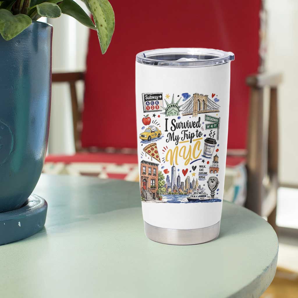 I Survived My Trip To NYC Iconic Symbols Graphic Tumbler Cup Funny New York City Travel Humor Vacation Souvernir