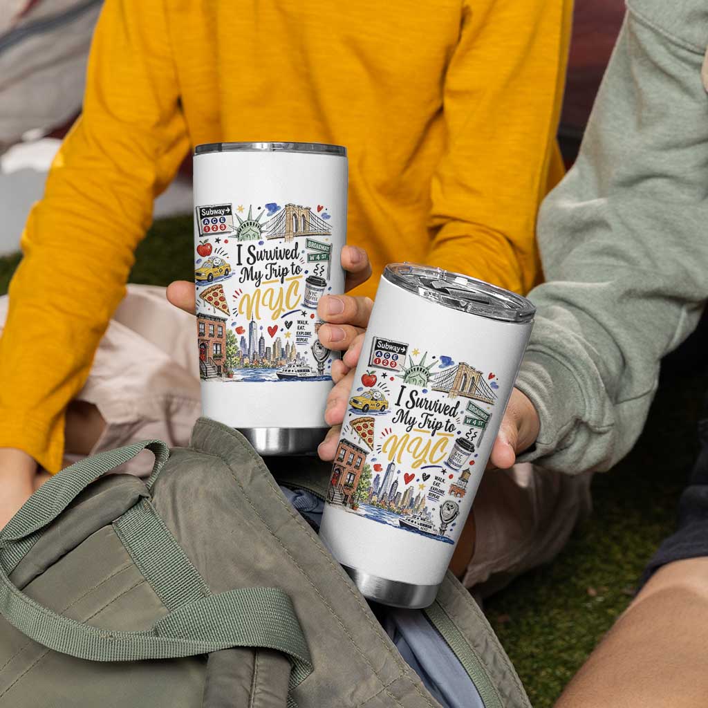 I Survived My Trip To NYC Iconic Symbols Graphic Tumbler Cup Funny New York City Travel Humor Vacation Souvernir
