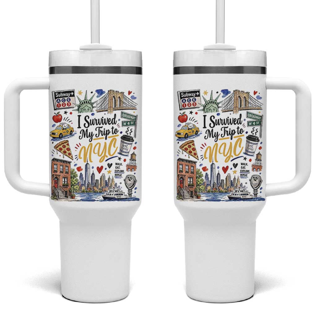 I Survived My Trip To NYC Iconic Symbols Graphic Tumbler With Handle Funny New York City Travel Humor Vacation Souvernir