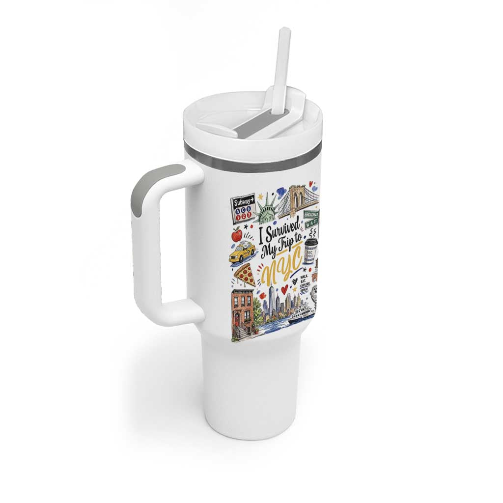 I Survived My Trip To NYC Iconic Symbols Graphic Tumbler With Handle Funny New York City Travel Humor Vacation Souvernir