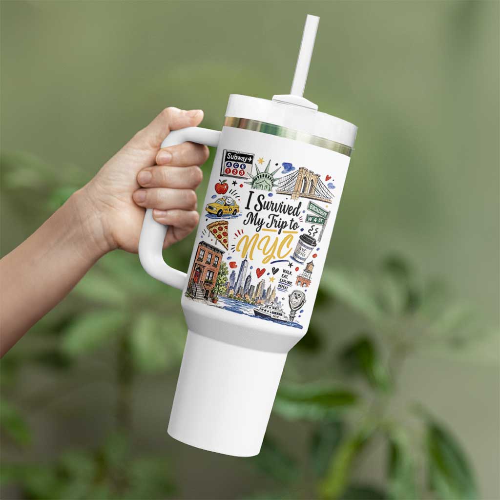 I Survived My Trip To NYC Iconic Symbols Graphic Tumbler With Handle Funny New York City Travel Humor Vacation Souvernir