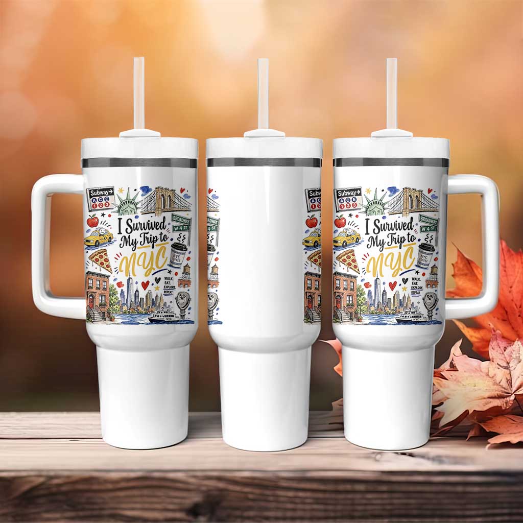 I Survived My Trip To NYC Iconic Symbols Graphic Tumbler With Handle Funny New York City Travel Humor Vacation Souvernir