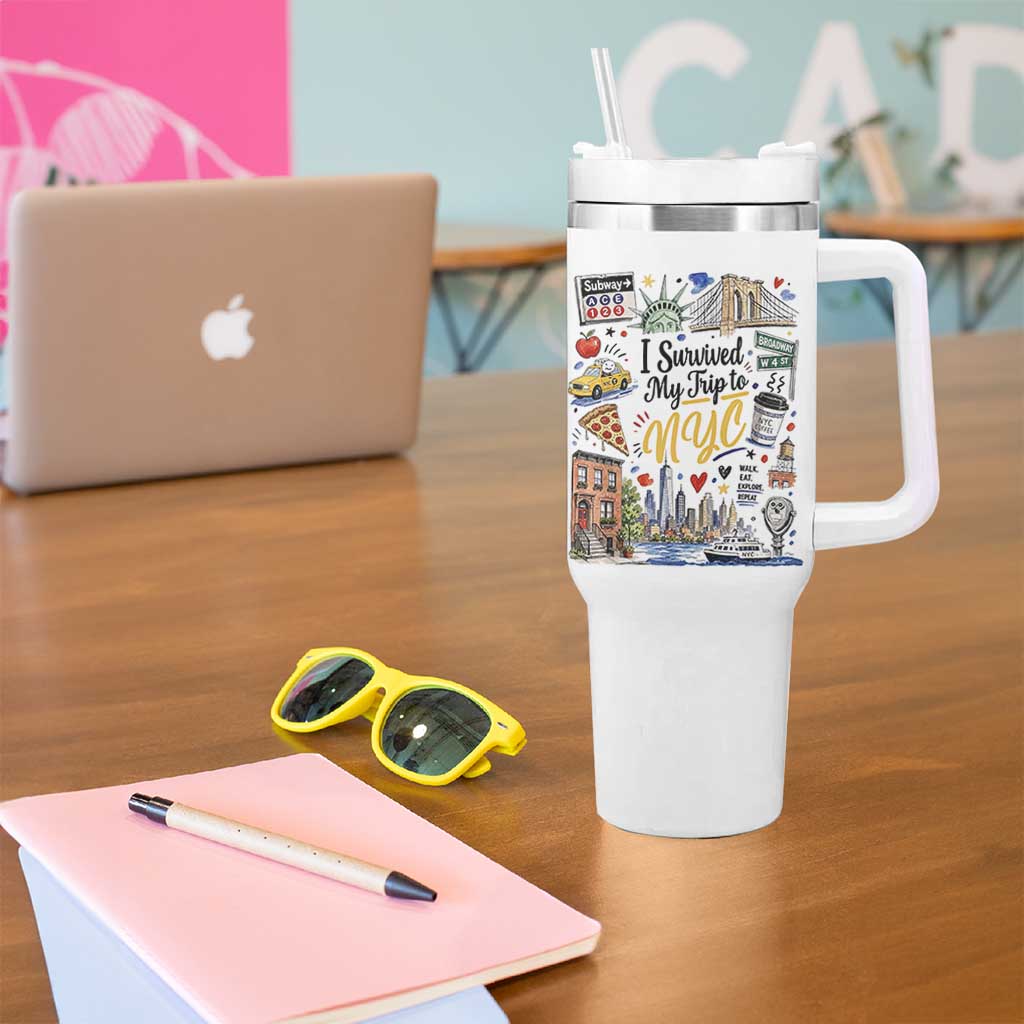 I Survived My Trip To NYC Iconic Symbols Graphic Tumbler With Handle Funny New York City Travel Humor Vacation Souvernir