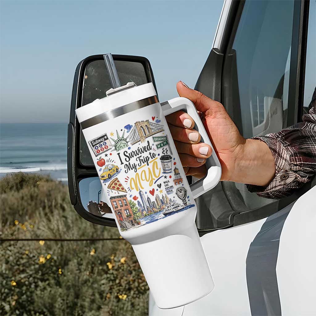 I Survived My Trip To NYC Iconic Symbols Graphic Tumbler With Handle Funny New York City Travel Humor Vacation Souvernir