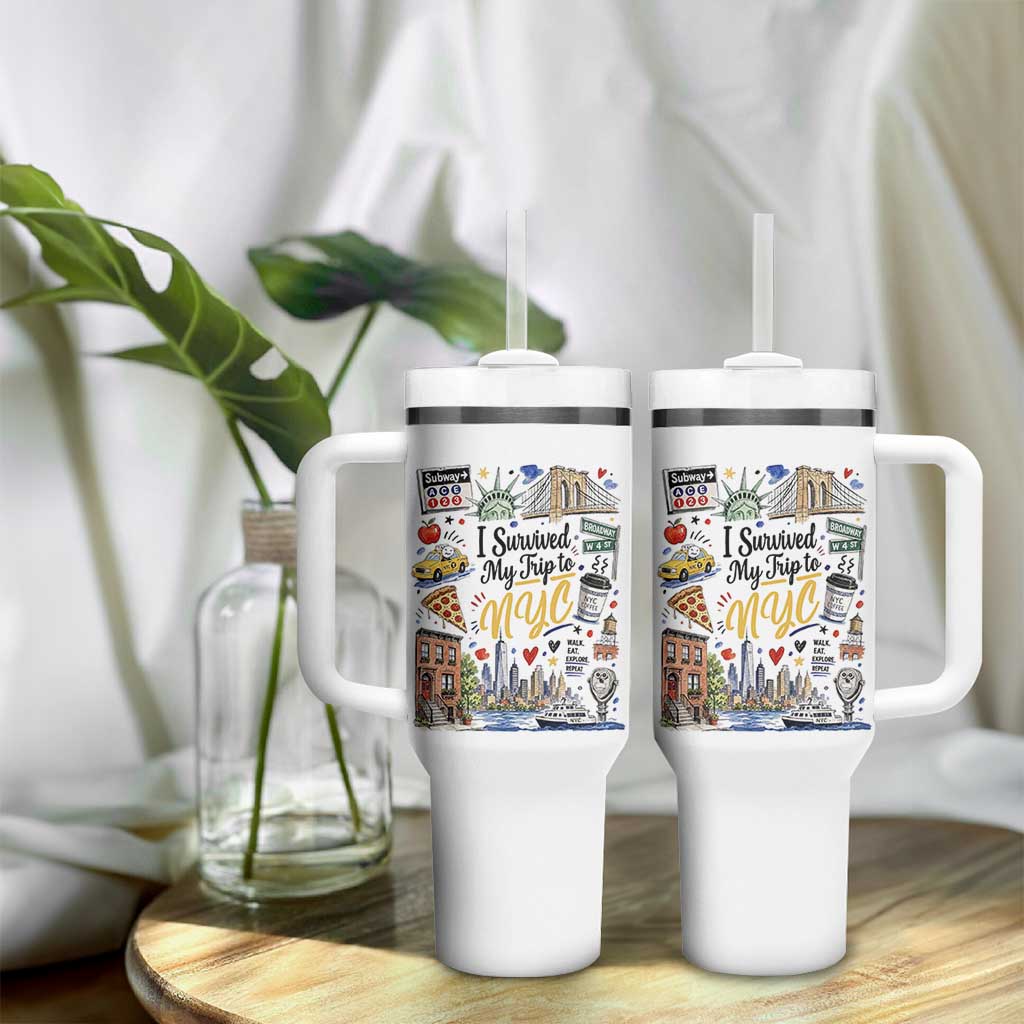 I Survived My Trip To NYC Iconic Symbols Graphic Tumbler With Handle Funny New York City Travel Humor Vacation Souvernir