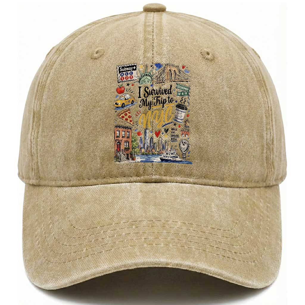 I Survived My Trip To NYC Iconic Symbols Graphic Washed Cotton Baseball Cap Funny New York City Travel Humor Vacation Souvernir