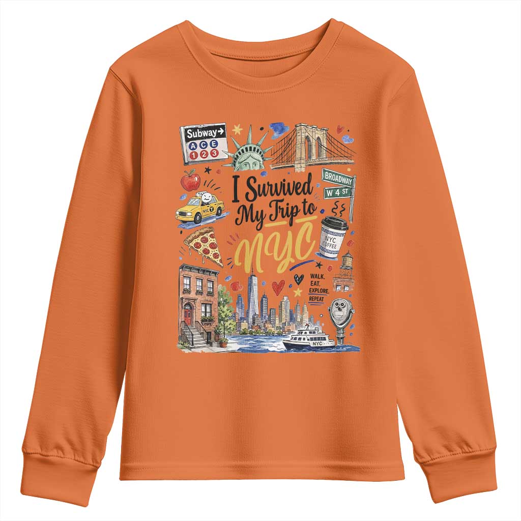 I Survived My Trip To NYC Iconic Symbols Graphic Youth Sweatshirt Funny New York City Travel Humor Vacation Souvernir