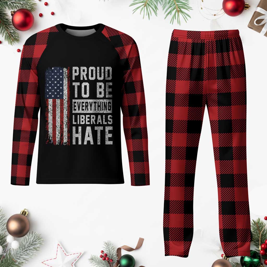 Proud To Be Everything Liberals Hate Satire Plaid Pajama Set Distressed American Flag Patriotic Sarcasm Graphic