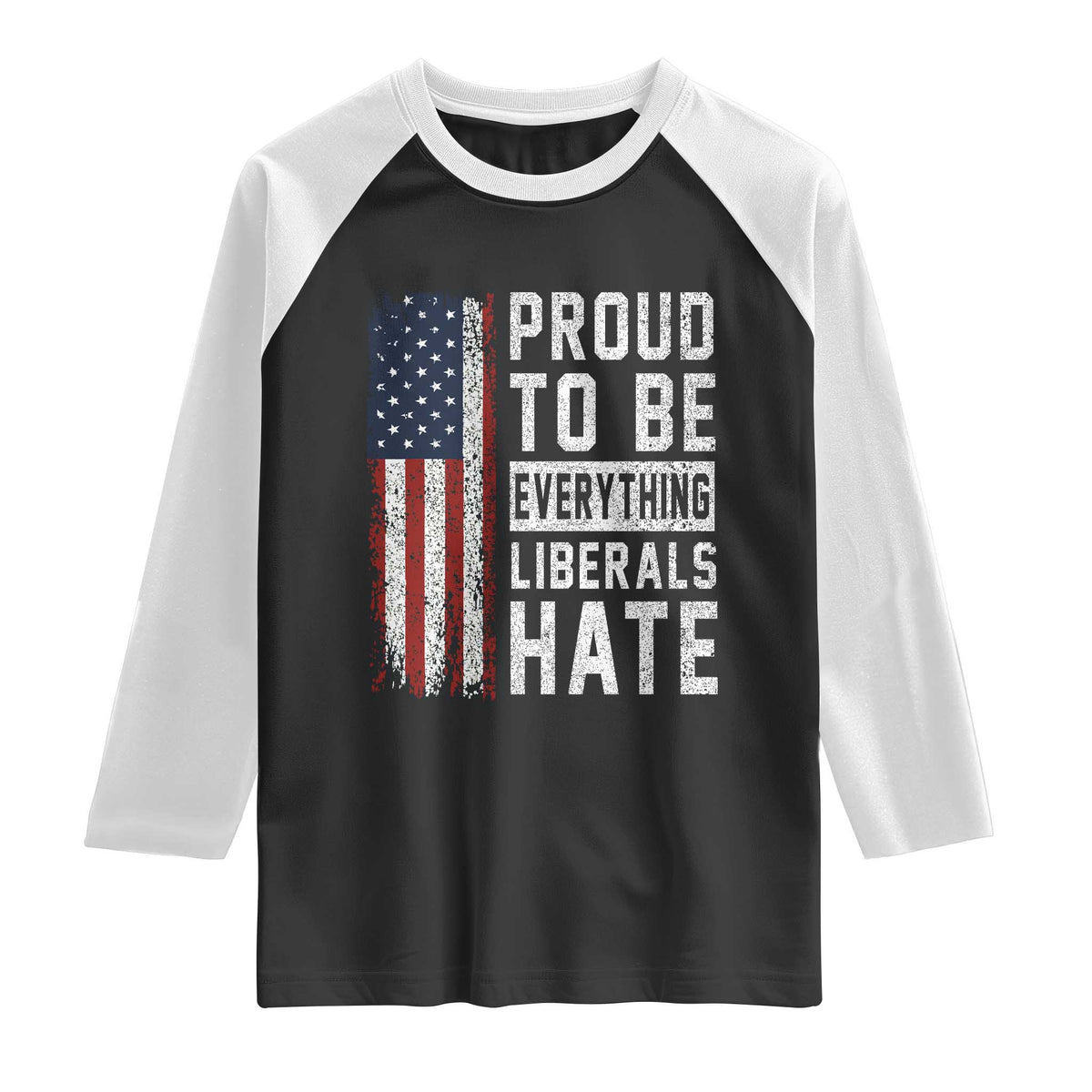 Proud To Be Everything Liberals Hate Satire Raglan Shirt Distressed American Flag Patriotic Sarcasm Graphic