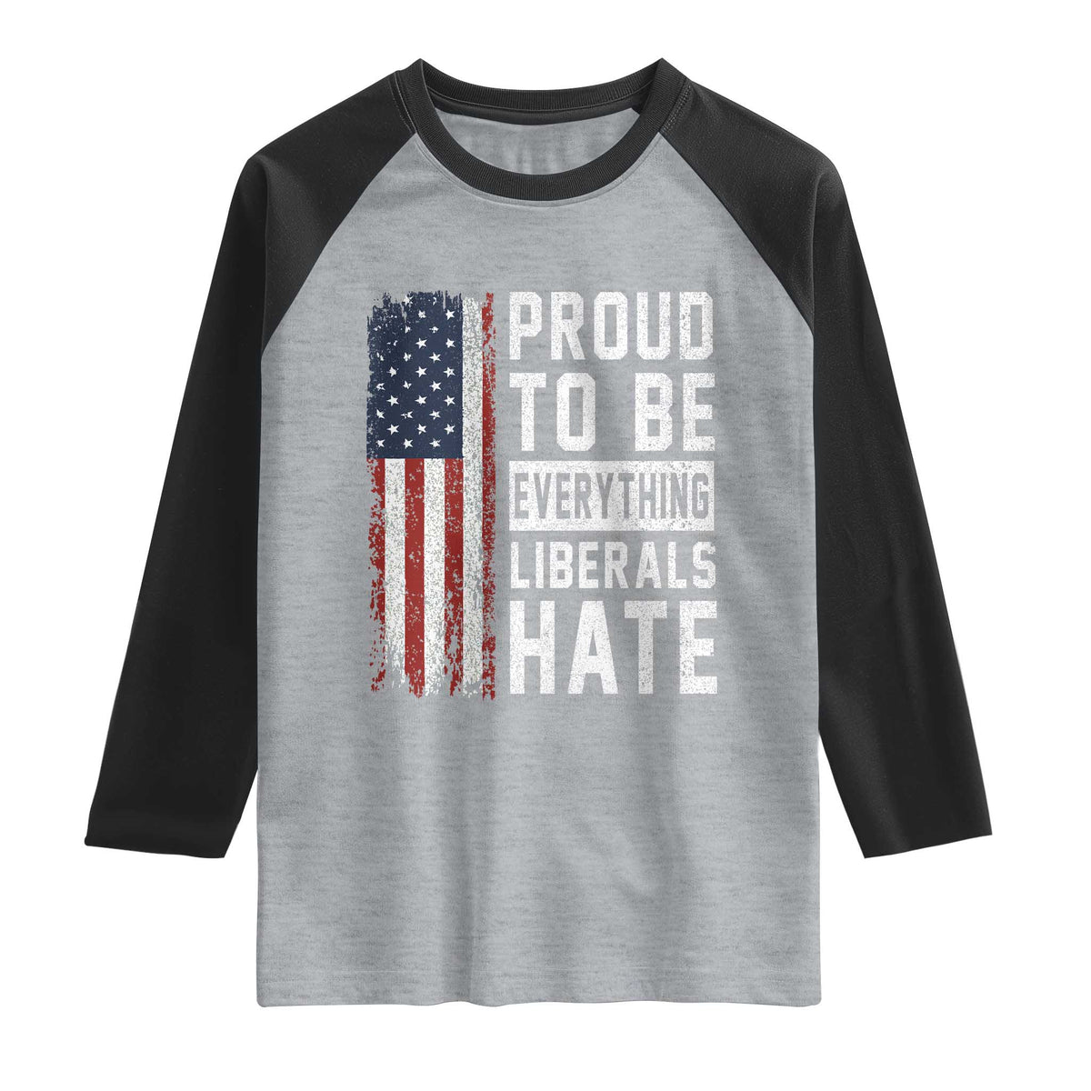 Proud To Be Everything Liberals Hate Satire Raglan Shirt Distressed American Flag Patriotic Sarcasm Graphic