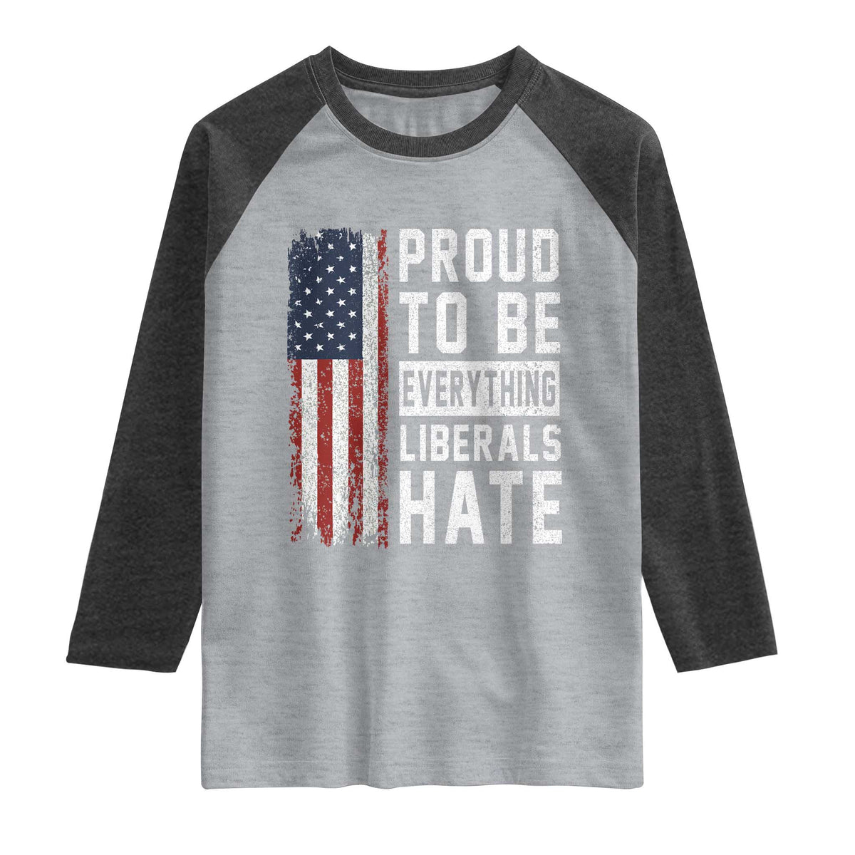 Proud To Be Everything Liberals Hate Satire Raglan Shirt Distressed American Flag Patriotic Sarcasm Graphic