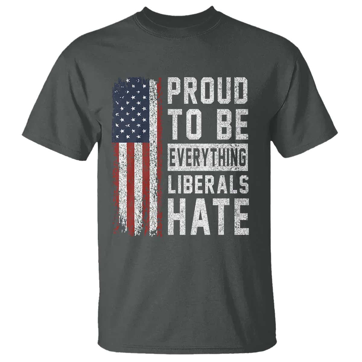 Proud To Be Everything Liberals Hate Satire T Shirt Distressed American Flag Patriotic Sarcasm Graphic