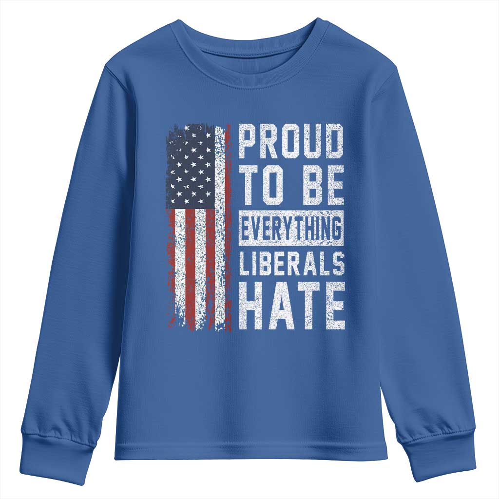 Proud To Be Everything Liberals Hate Satire Youth Sweatshirt Distressed American Flag Patriotic Sarcasm Graphic