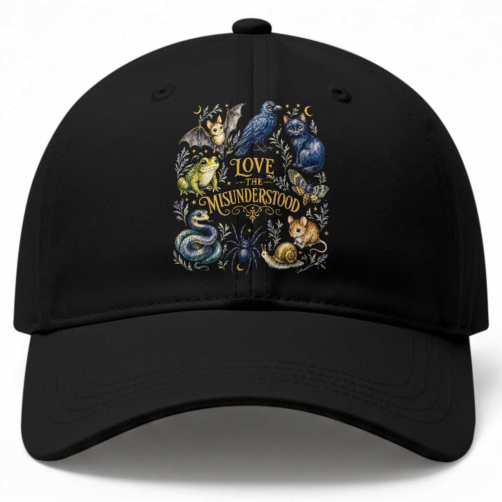 Love The Misunderstood Whimsigoth Dark Cottagecore Baseball Cap Bat Crow Black Cat Frog Snake Spooky Folklore