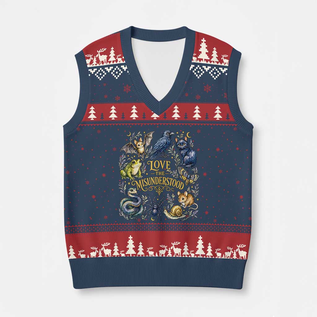 Love The Misunderstood Whimsigoth Dark Cottagecore V-Neck Knit Sweater Vest Bat Crow Black Cat Frog Snake Spooky Folklore