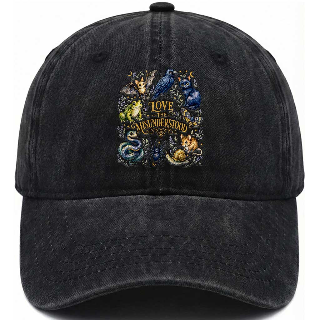 Love The Misunderstood Whimsigoth Dark Cottagecore Washed Cotton Baseball Cap Bat Crow Black Cat Frog Snake Spooky Folklore