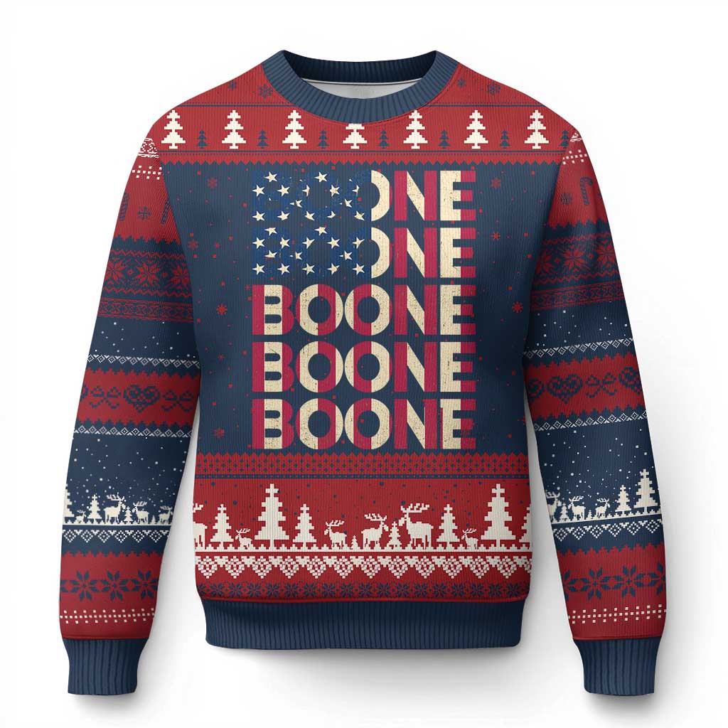 Boone Name Lover American Flag USA Stars Stripes Ugly Christmas Sweater