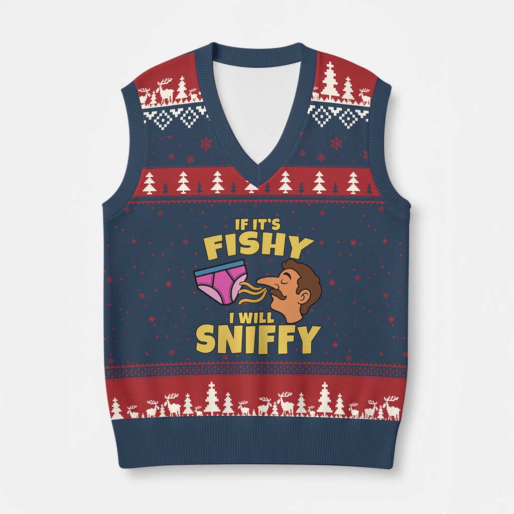 Funny Adult Humor Underwear Sniff Graphic V-Neck Knit Sweater Vest If It is Fishy I Will Sniffy Innuendo Absurdist Meme
