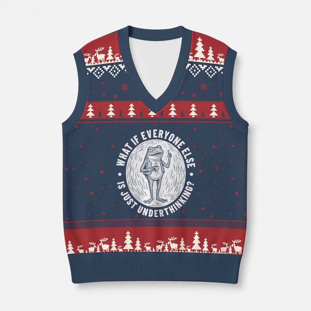 Funny Vintage Relaxed Frog Drinking Coffee Meme V-Neck Knit Sweater Vest Wish I Lacked Critical Thinking Skills You All Seem So Happy