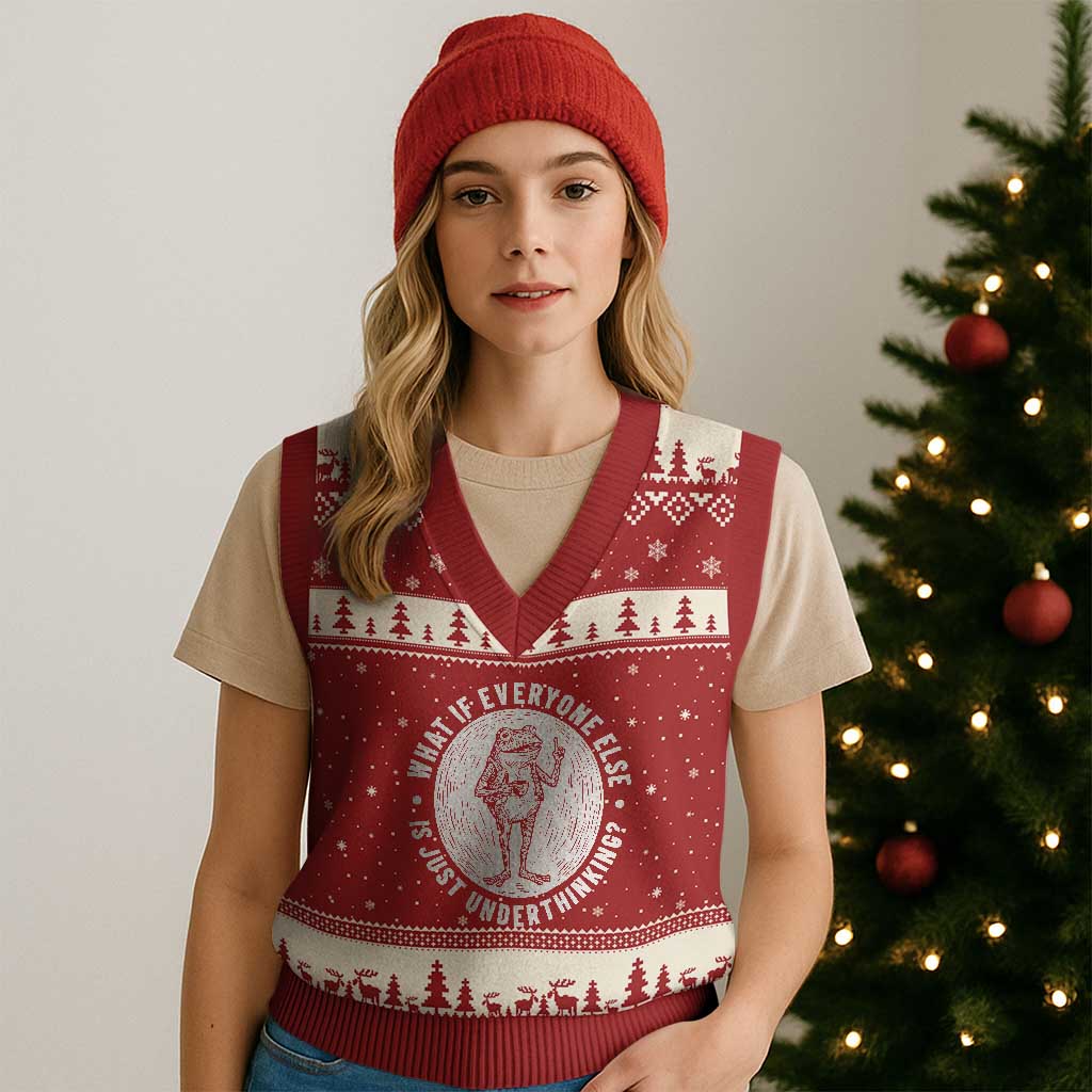 Funny Vintage Relaxed Frog Drinking Coffee Meme V-Neck Knit Sweater Vest Wish I Lacked Critical Thinking Skills You All Seem So Happy