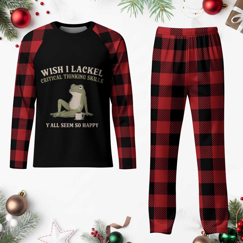 Funny Overthinking Frog Drinking Coffee Meme Plaid Pajama Set What If Everyone Else Is Just Underthinking