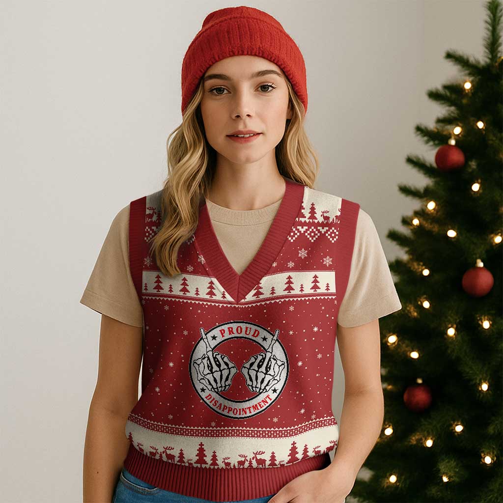 Proud Disappointment Skeleton Middle Finger V-Neck Knit Sweater Vest Edgy Sarcastic Rebel Attitude Family Black Sheep Humor