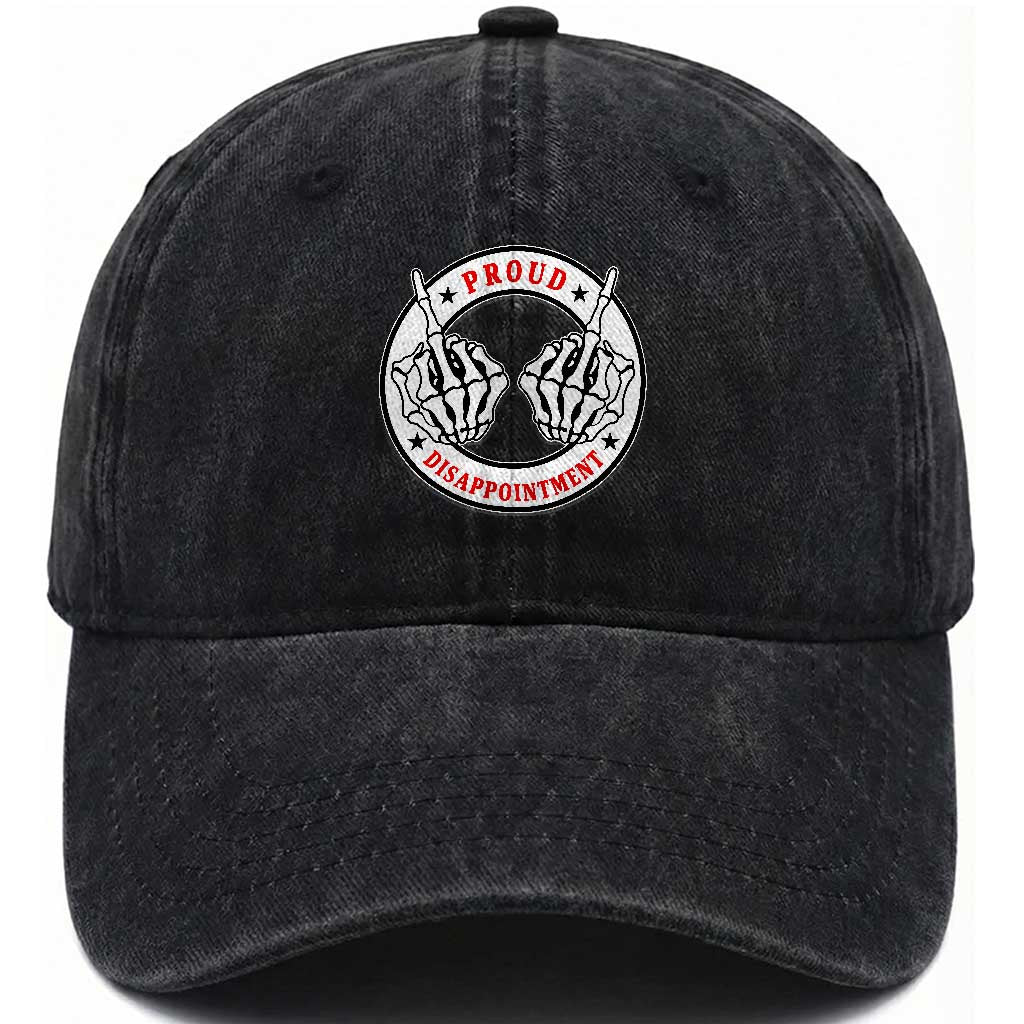 Proud Disappointment Skeleton Middle Finger Washed Cotton Baseball Cap Edgy Sarcastic Rebel Attitude Family Black Sheep Humor