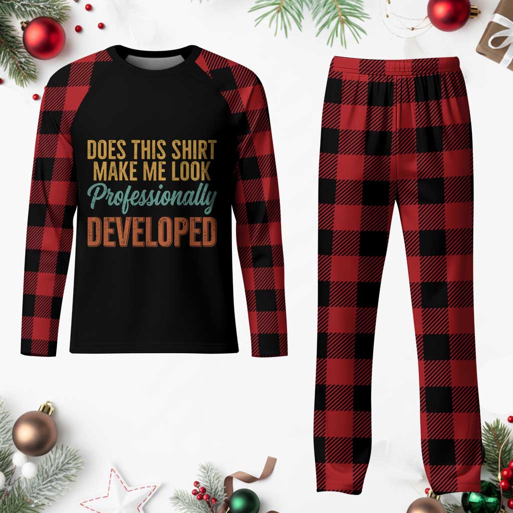 Does This Shirt Make Me Look Professionally Developed Plaid Pajama Set Retro 70s Cursive Funny Professional Development Workplace Humor