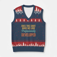 Does This Shirt Make Me Look Professionally Developed V-Neck Knit Sweater Vest Retro 70s Cursive Funny Professional Development Workplace Humor