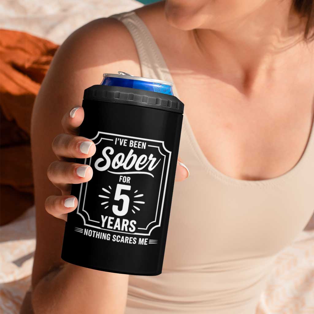 Funny 5 Year Sobriety Milestone Vintage Anniversary Badge 4 in 1 Can Cooler Tumbler I Have Been Sober For 5 Years Nothing Scares Me