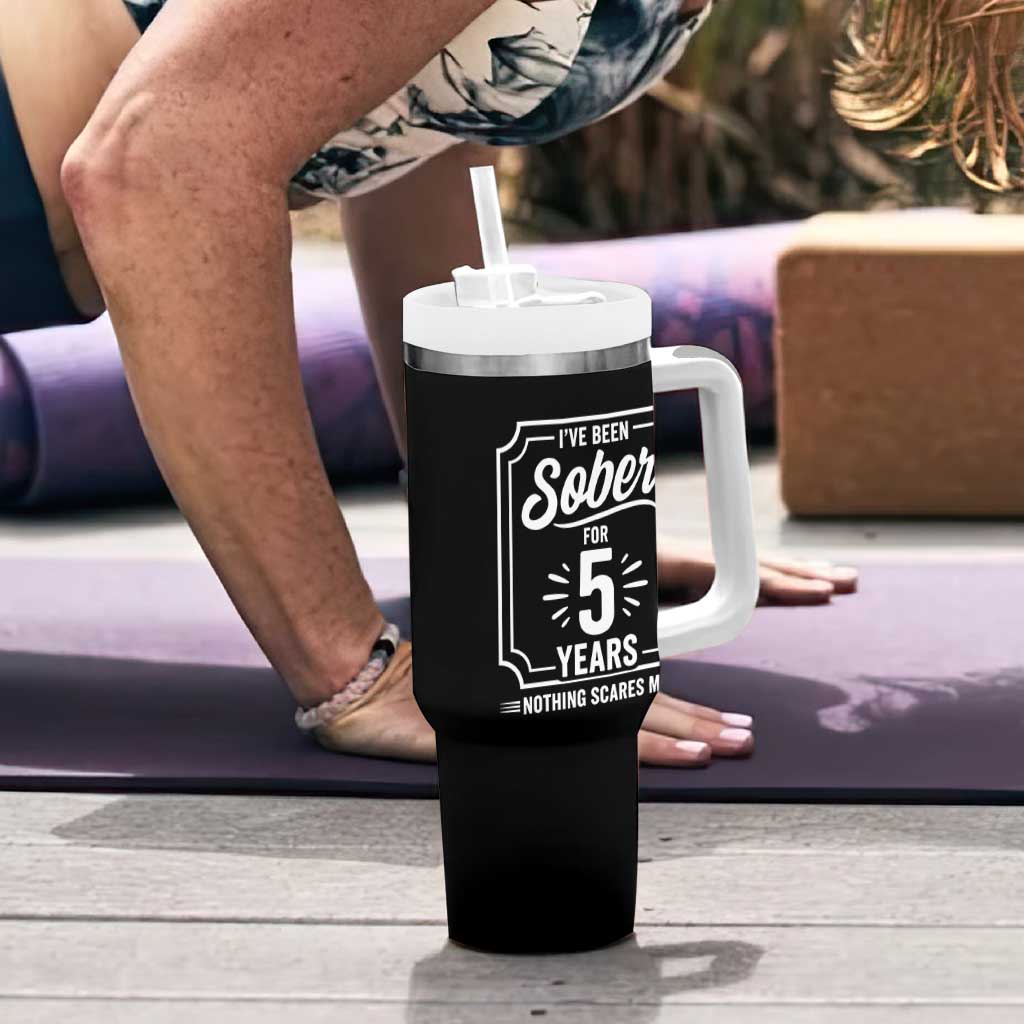Funny 5 Year Sobriety Milestone Vintage Anniversary Badge Tumbler With Handle I Have Been Sober For 5 Years Nothing Scares Me