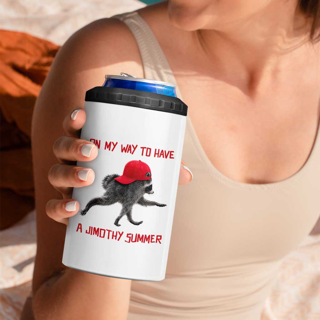 On My Way To Have A Jimothy Summer 4 in 1 Can Cooler Tumbler Funny Viral Seattle Raccoon Wearing Red Cap