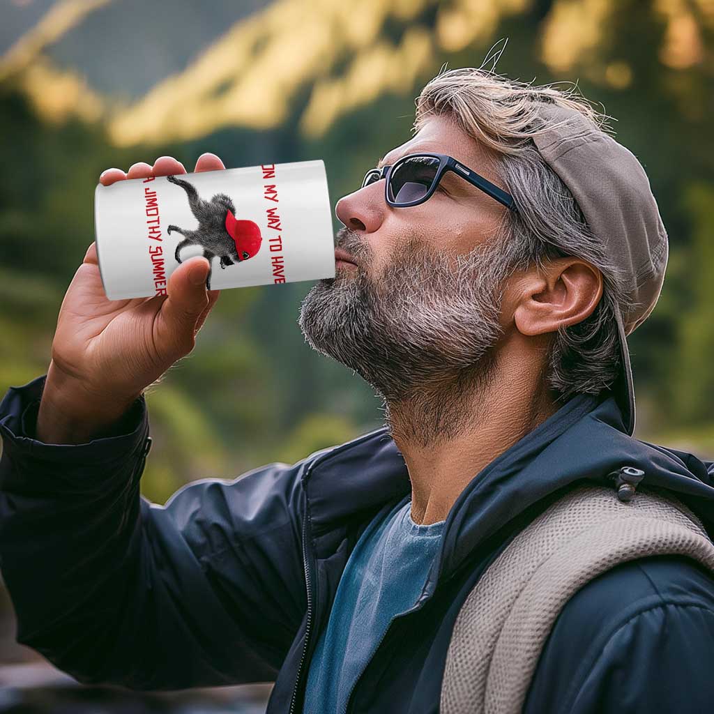 On My Way To Have A Jimothy Summer 4 in 1 Can Cooler Tumbler Funny Viral Seattle Raccoon Wearing Red Cap