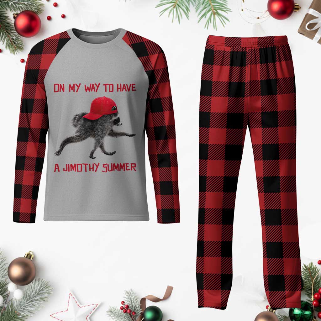 On My Way To Have A Jimothy Summer Plaid Pajama Set Funny Viral Seattle Raccoon Wearing Red Cap