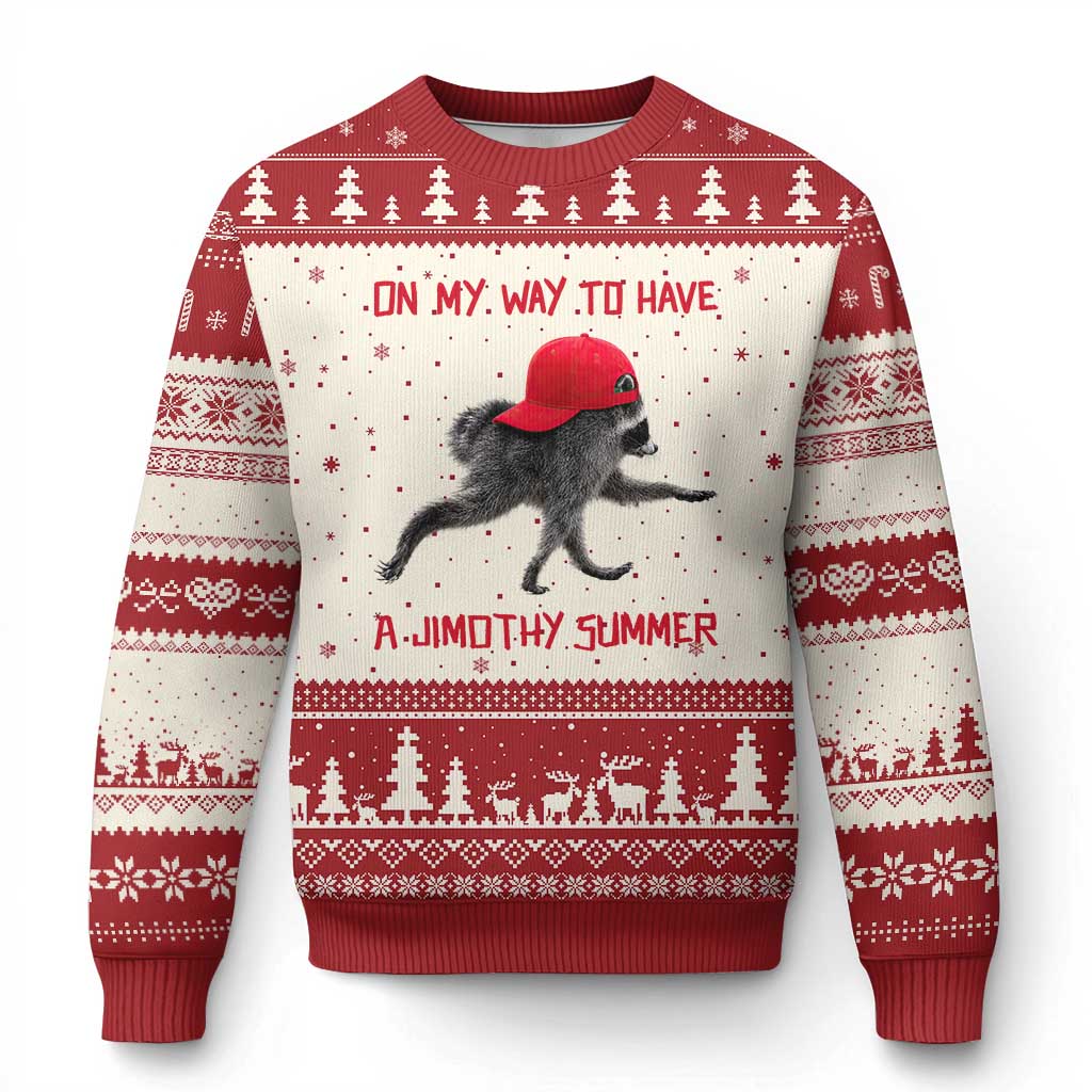 On My Way To Have A Jimothy Summer Ugly Christmas Sweater Funny Viral Seattle Raccoon Wearing Red Cap