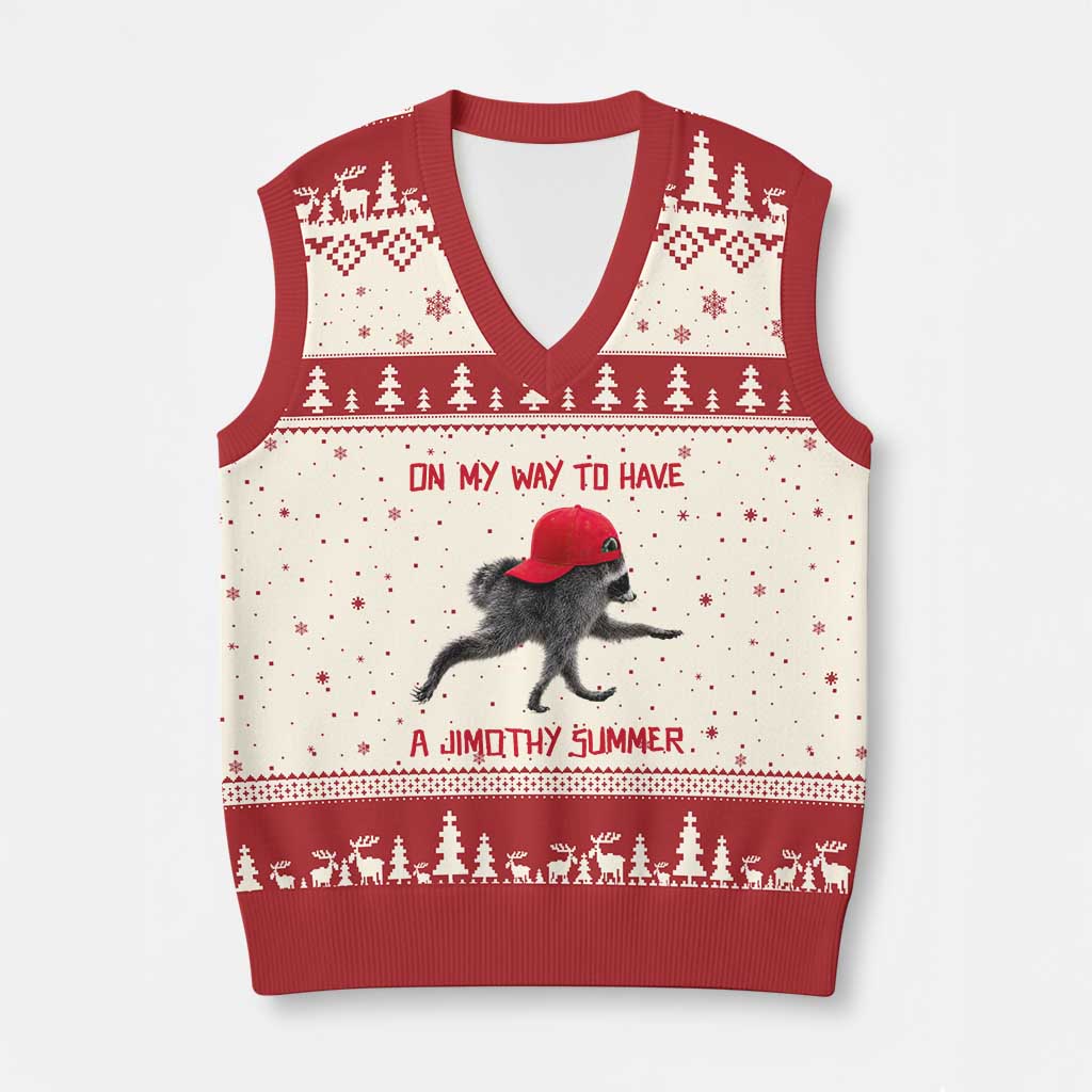 On My Way To Have A Jimothy Summer V-Neck Knit Sweater Vest Funny Viral Seattle Raccoon Wearing Red Cap