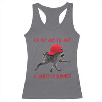 On My Way To Have A Jimothy Summer Racerback Tank Top Funny Viral Seattle Raccoon Wearing Red Cap