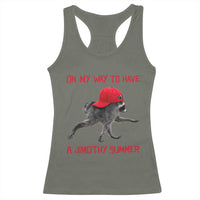 On My Way To Have A Jimothy Summer Racerback Tank Top Funny Viral Seattle Raccoon Wearing Red Cap