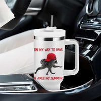 On My Way To Have A Jimothy Summer Tumbler With Handle Funny Viral Seattle Raccoon Wearing Red Cap