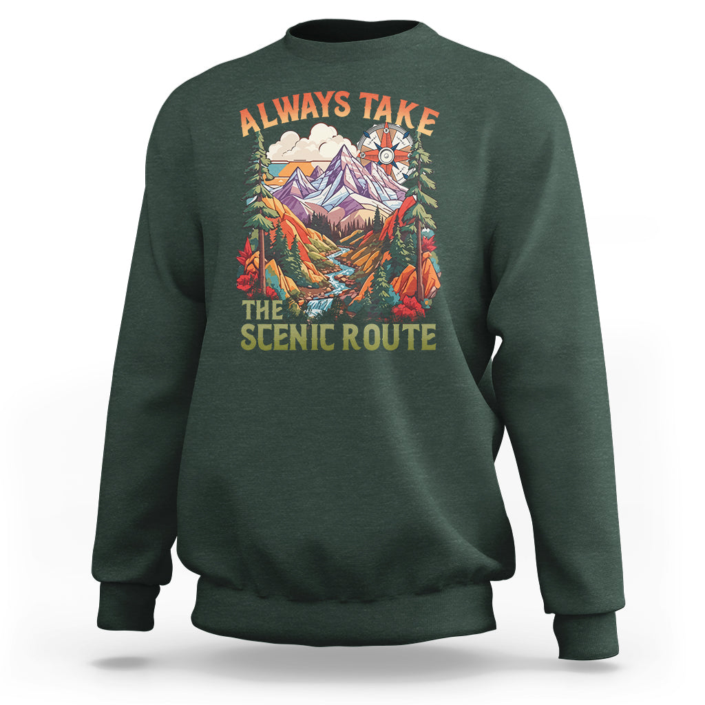 Outdoor Adventure Sweatshirt Always Take The Scenic Route Compass Hiking Camping - Wonder Print Shop