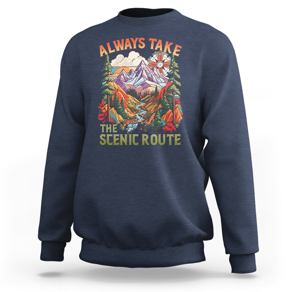 Outdoor Adventure Sweatshirt Always Take The Scenic Route Compass Hiking Camping - Wonder Print Shop
