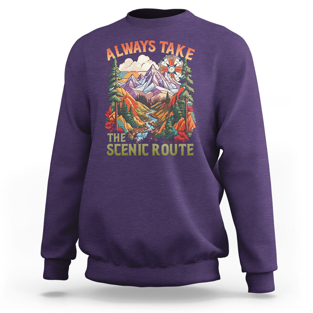 Outdoor Adventure Sweatshirt Always Take The Scenic Route Compass Hiking Camping - Wonder Print Shop